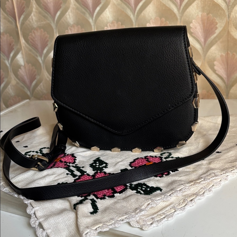 ZARA Black Studded Crossbody Bag – Minimalist Rock Chic, Gold Hardware